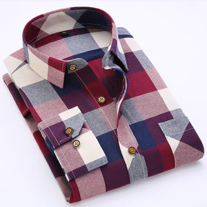 Men's Long Sleeve Contrast Bold Plaid Brushed Shirt with Left Chest Pocket Slim-fit Comfortable Soft Work Casual Flannel Shirts