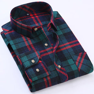 Men's Long Sleeve Contrast Bold Plaid Brushed Shirt with Left Chest Pocket Slim-fit Comfortable Soft Work Casual Flannel Shirts