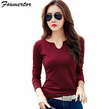 Foxmertor T-shirt Women 2017 Autumn Cotton Female T Shirts V-Neck Solid Striped Tops Casual Basic Lady Tees Plus Size 3XL F600